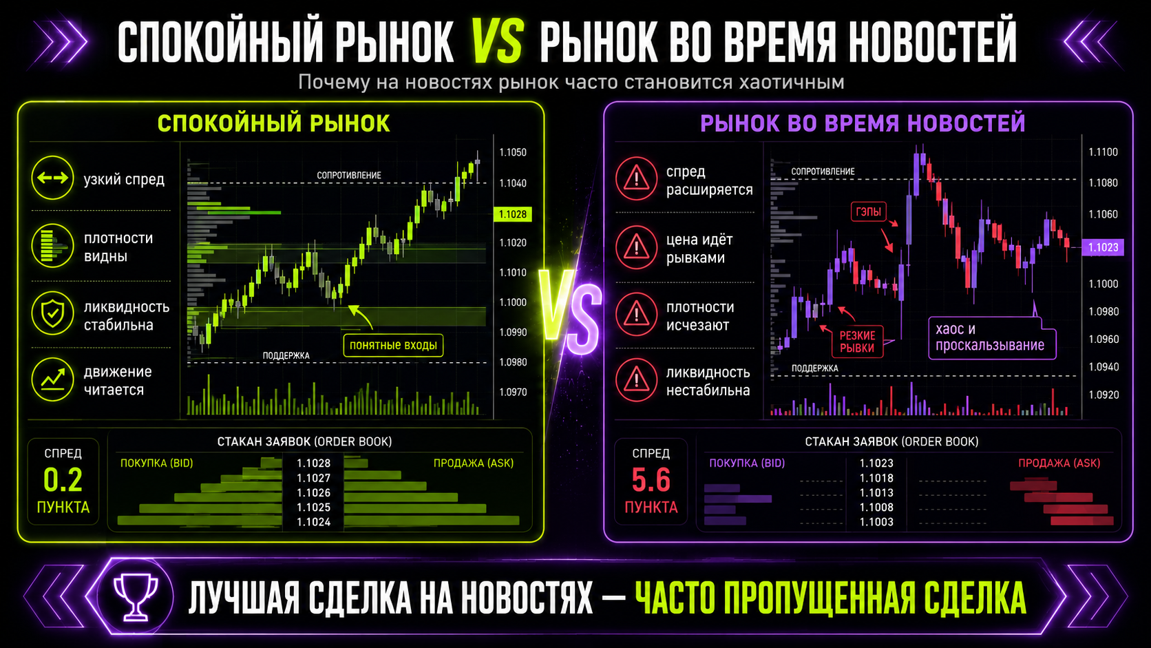 разница рынка в спокойный период и в период новостей