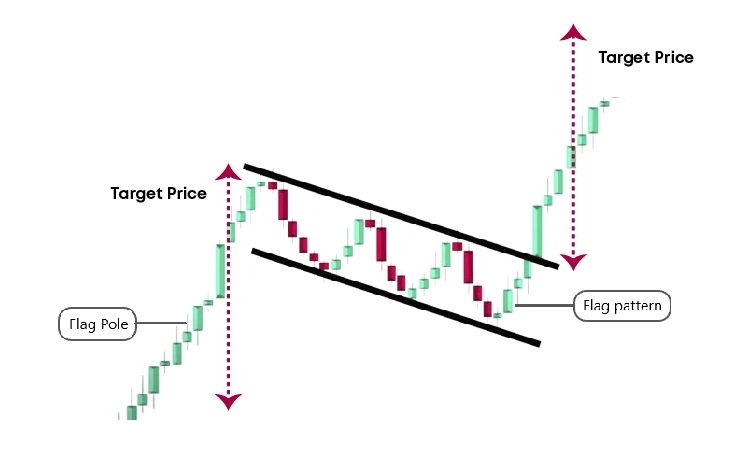 Flag continuation pattern: sharp impulse followed by slanted pullback channel against the trend