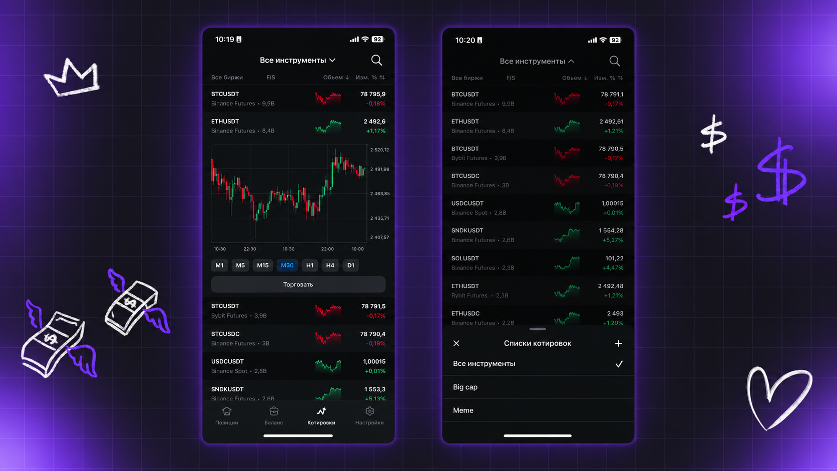 котировки и watchlist в Vataga.mobile