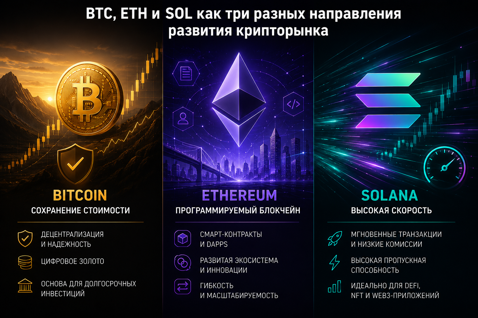 Bitcoin Ethereum и Solana